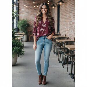 Jolt Burgundy Floral Lace Yoke V-Neck Blouse Top Size Medium